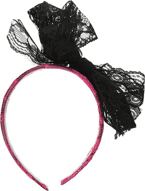 80s Neon Pink Lace Headband with Bow
