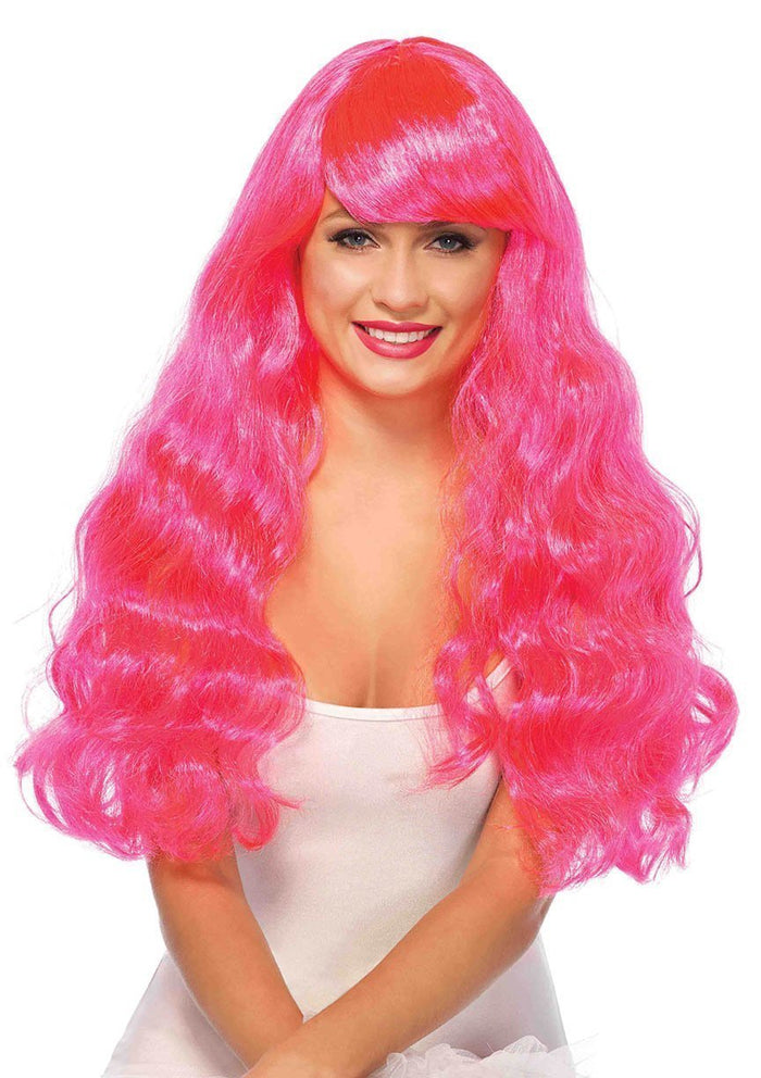 Neon Pink Starbright Long Wavy Wig for Adults Costume World NZ