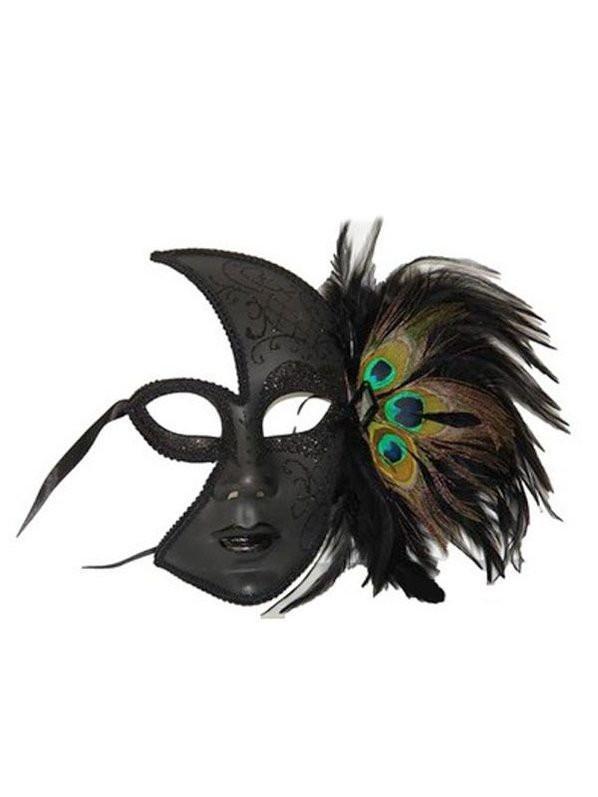 Peacock Feather Black Half Mask for Adults